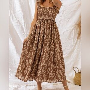 Ruffled Straps Smocked Floral Maxi Dress